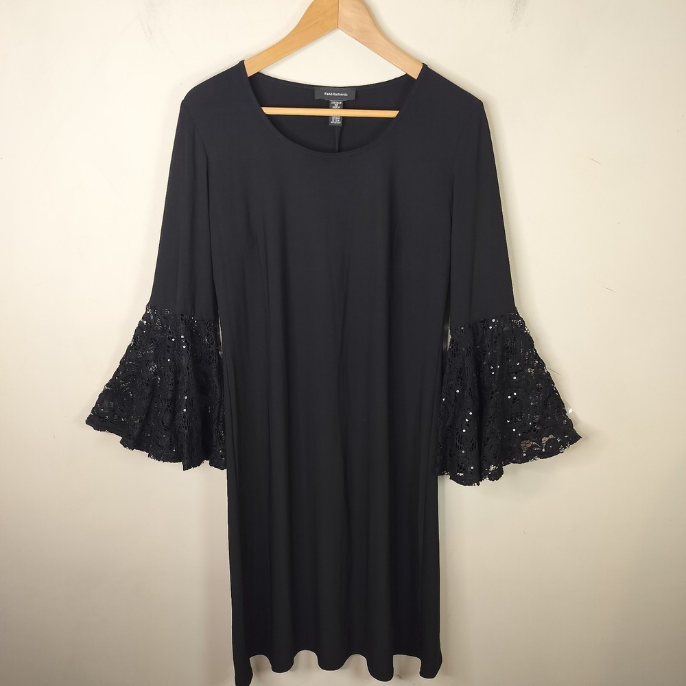 R&M Richards Black Flare Sleeve Dress Sequin Lace